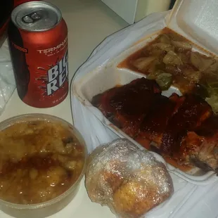 Rib plate-double cabbage/ corn bread. Peach cobbler &amp; Big Red. Bill $15 and change