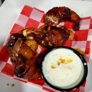 Bacon wrapped shrimp with cream cheese and jalapeños! Yummy in my tummy