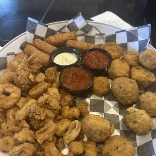 HUGE platter for $13.99 Calamari, cheesesticks and mushrooms.