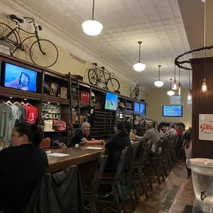 Looking into the brewery.