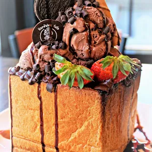 Chocolate Sensation Honey Toast: chocolate ice cream, chocolate shavings, Oreo, rolled wafer, strawberry, banana slices, fudge ($14.95).