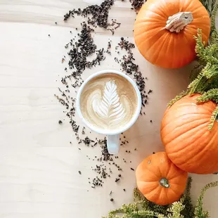 a cup of coffee surrounded by pumpkins