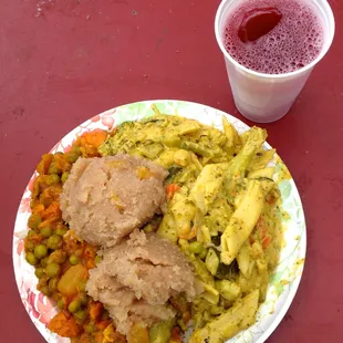 a plate of food and a drink