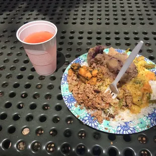 You get a plate full of food and a drink for $5!