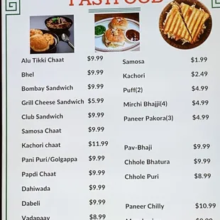 a menu for a fast food restaurant