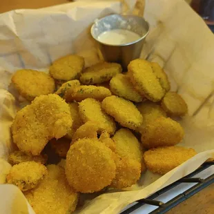 a basket of fried pickles