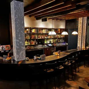a dimly lit bar with stools