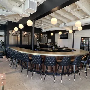 a bar with black leather chairs