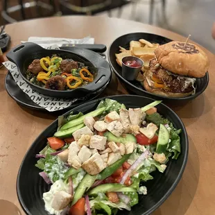 Meatballs, fried chicken sandwich, Mediterranean salad