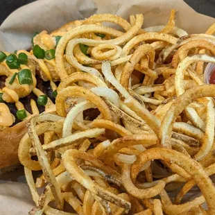 Surf 'N Turf Dog (andouille sausage, fried shrimp, green onions) and Potato Nest