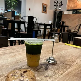 Chocolate chip cookie and green Super Greens Lemonade