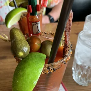 Bloody Mary mix custom made at Harlow&apos;s with organic vodka and standard garnish.