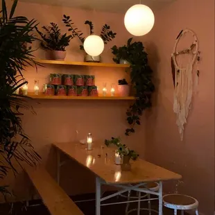 a dining room with a table and benches