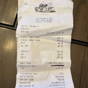 a receipt for a restaurant