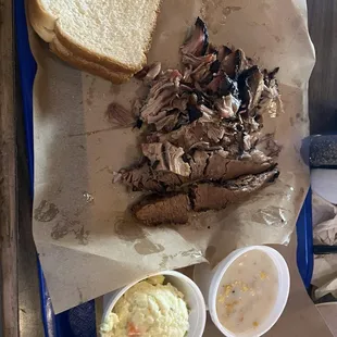Pork, Brisket, Potato Salad, Cream Corn.
