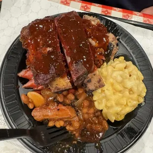 3 Three Meat Plate- ribs, sausage and pulled pork with Mac and cheese and baked beans