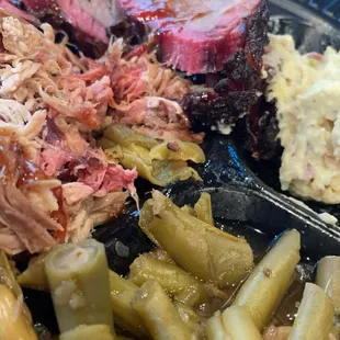 Pulled pork, brisket, green beans and potato salad