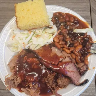 Harmon's Bar-B-Q with baked beans, Cole slaw, cornbread