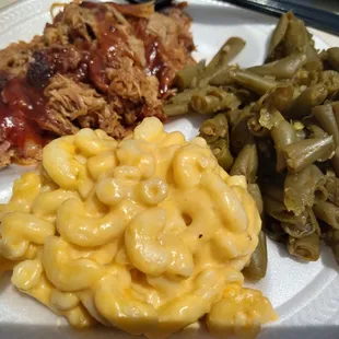 Pulled pork, mac and cheese, green beans.