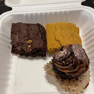 Brownie, pumpkin cornbread, espresso cupcake