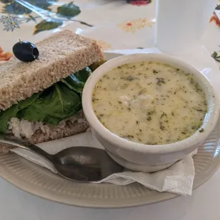 Half and half for lunch, potato soup and summer chicken salad sammy.