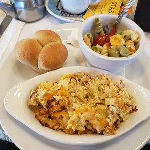 Hot Chicken Salad,Pasta Salad,Whole wheat roll, hot tea, and dr pepper.
