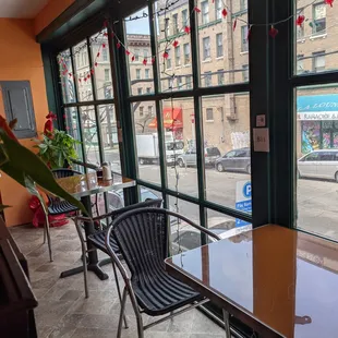 a view of a street through a window