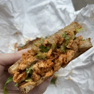 Vegan Buffalo chicken sandwich made with soy curls