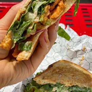 Buffalo Chicken Ranch--Soy Curls, Buffalo Sauce, Cashew Ranch, Celery, Red Onion, Lettuce, 16 Bricks Sourdough