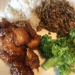 Sesame chicken with broccoli with chicken fried rice and white rice - take out order, yum