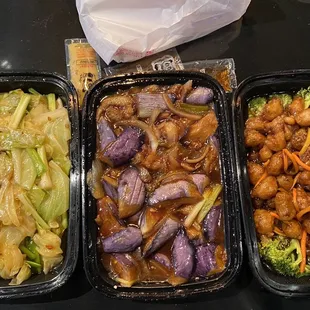 Stir Fried Chinese Cabbage, Eggplant With Garlic Sauce and Orange Chicken