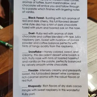 The dessert wine menu. I tried the Allegro