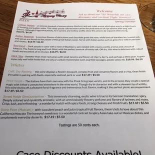 Tasting list at Harmony