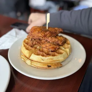 Chicken and Waffles - Breading on chicken is flavorless and has an unusual texture. Waffle was well cooked.