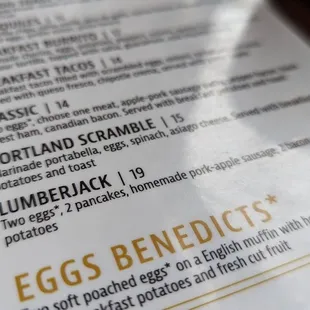 a menu for eggs benedicts