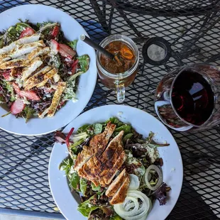 Carolina&apos;s Salad (so-so) at left, Blackened Chicken Salad (delicious) at right.