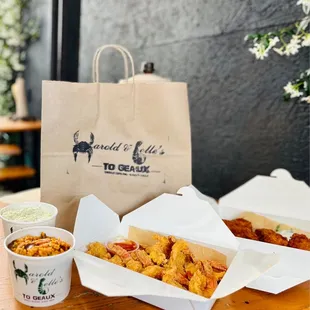 Potato Salad, Jumbo Shrimp, Jambalaya, Fried Chicken Wingettes