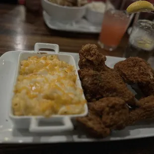 Crispy Fried Chicken Half with a side of Mac and cheese