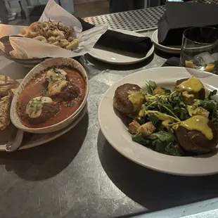 Meatballs, calamari, crab cakes