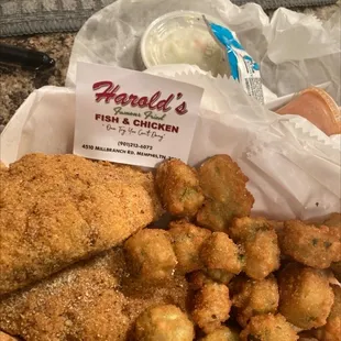 2 pc Catfish steak special with fried okra  comes with bread, slaw , Tatar sauce and hot sauce