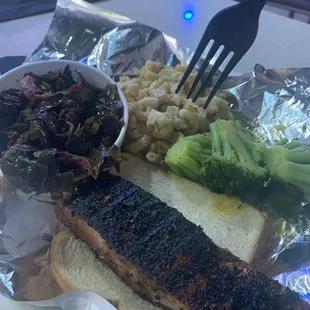 Blackened Salmon, greens, Mac and cheese and broccoli