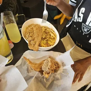 Crawfish pasta with catfish and 2 chicken wings