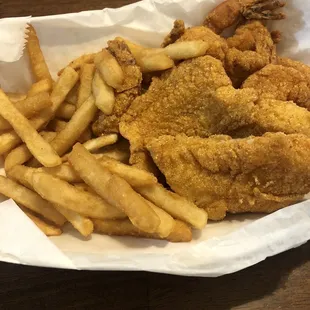 Catfish Dinner with fries, add shrimp.