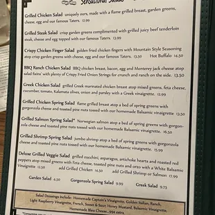 a menu for special salads