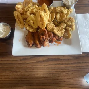 Fried Pickle Chips, Crispy Fried Calamari Buffalo Chicken Wings