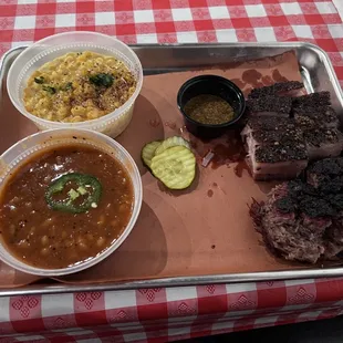 2 meat combo with burnt ends, pork belly, beans, cheesy corn