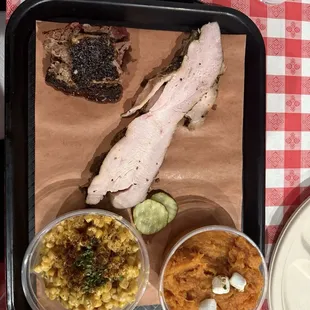 Turkey/Burnt ends with sweet potato mash and cheesy corn