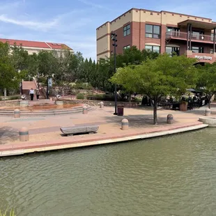 Park benches right by the river