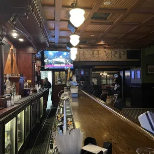 a bar with a long counter