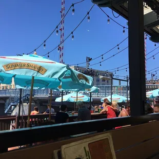people sitting at tables under umbrellas